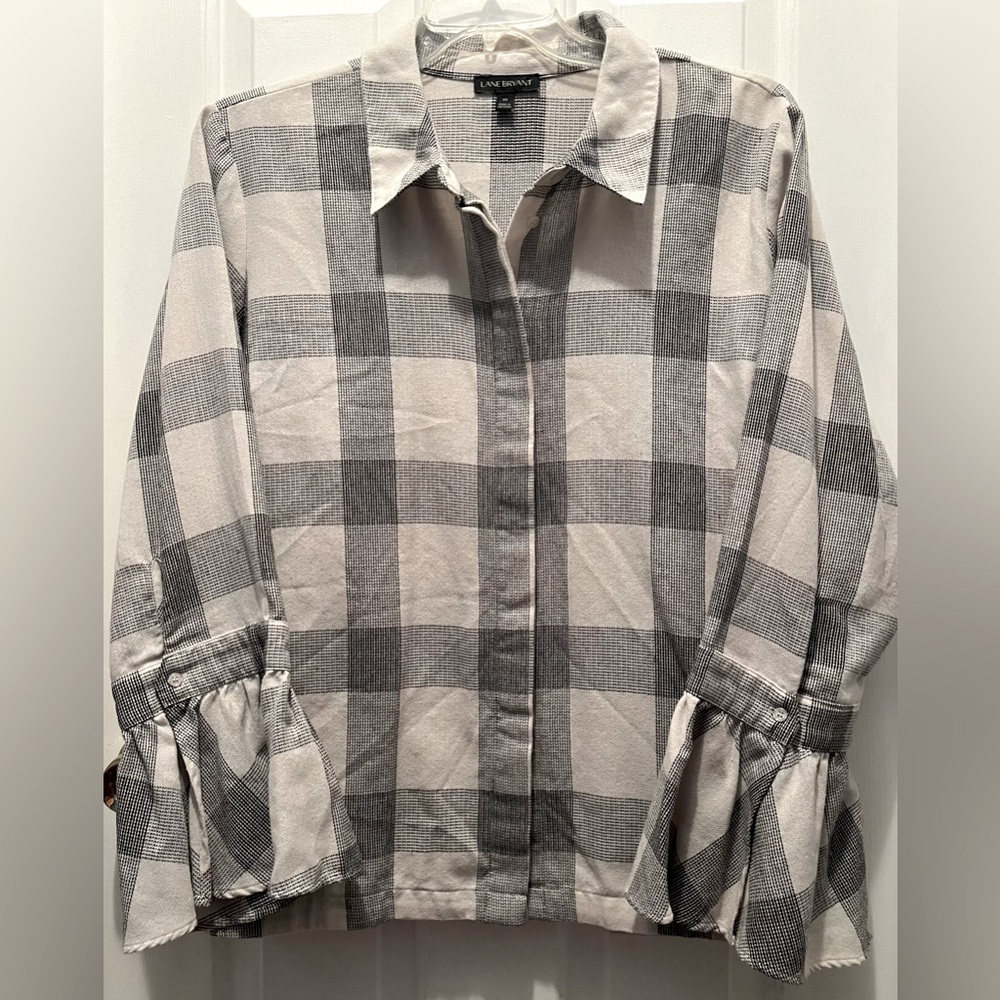 LANE BRYANT Women’s 22 Plaid Top Ruffle Bell Sleeve Blouse Button Front Shirt